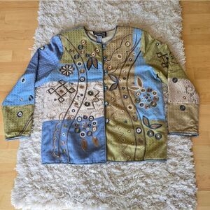 Indigo Moon Jacket Womens L Patchwork BOHO CHIC Toggles Artsy Hippie Embroidery‎